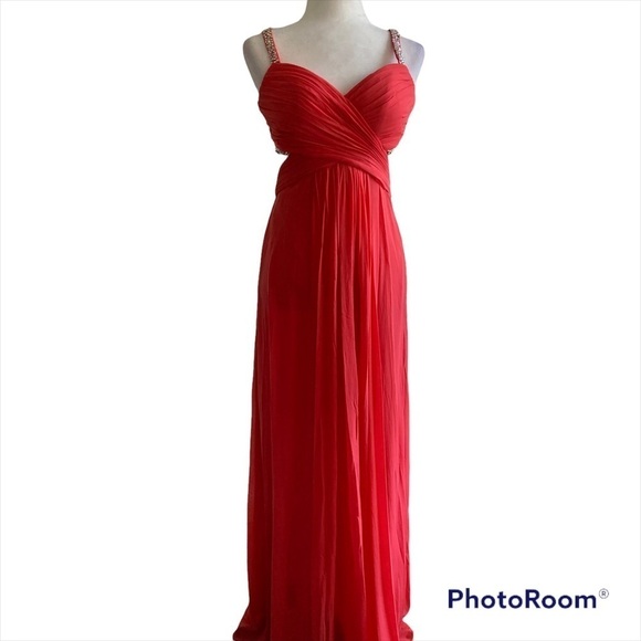 Long Coral Open Back Bedazzled Straps Prom Formal Dress - Picture 1 of 5